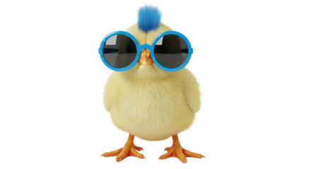 Funny 3D Render of Cute Yellow Chick Wearing Blue Sunglasses and Blue Mohawk Isolated