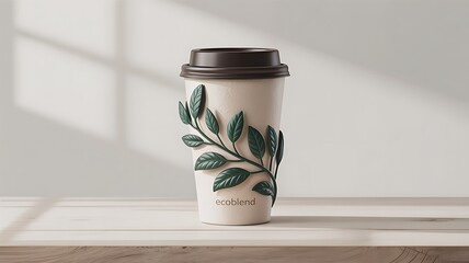 Sustainable Coffee Cup with Leaf Design on Wooden Surface Promoting Eco Friendly Beverage...