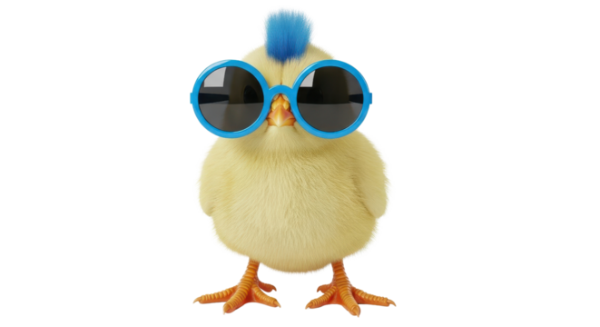 Funny yellow chick wearing cool blue sunglasses and a mohawk isolated PNG with Transparent Background
