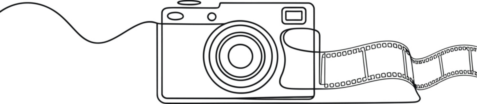 Minimalist continuous line drawing of a vintage camera with a film reel