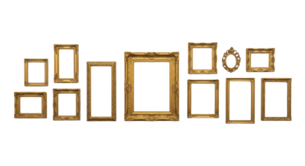 Set of ornate golden picture frames for a gallery wall display isolated PNG with Transparent Background