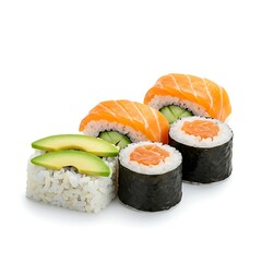 healthy sushi platter with brown rice, avocado, cucumber, and grilled salmon ,isolated on white background, no text