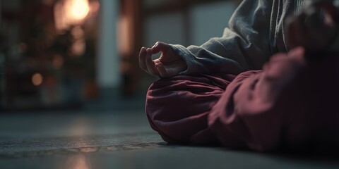 Grounded Serenity: Low-Angle View of Meditative Mudra in a Dimly Lit Room