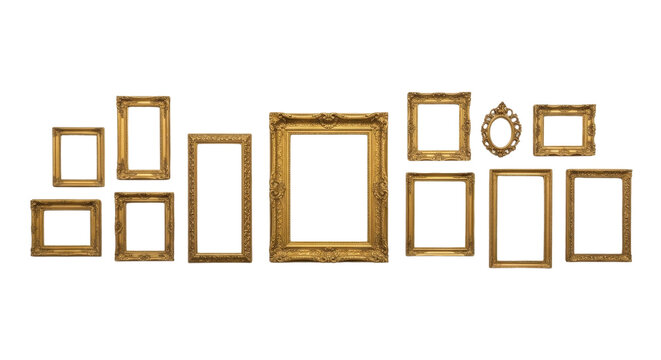 Set of ornate golden picture frames for a gallery wall display isolated PNG with Transparent Background