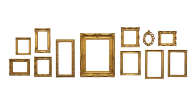 Set of ornate golden picture frames for a gallery wall display isolated PNG with Transparent Background