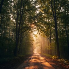 Obraz premium Sunlight streams through a misty forest path.