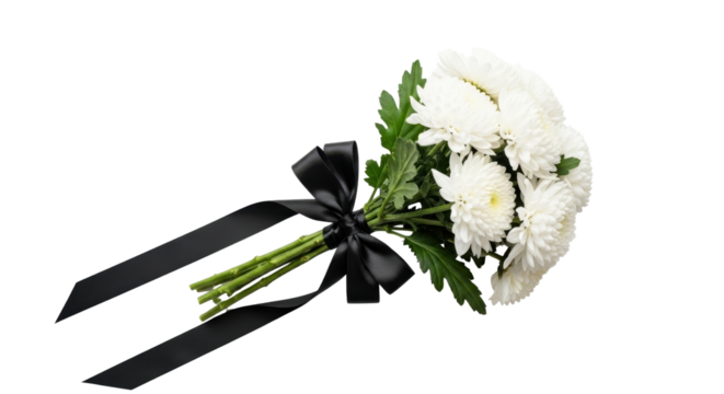 White flower bouquet with black mourning ribbon for condolence and sympathy isolated PNG with Transparent Background