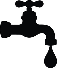 Silhouette of a black water faucet with a dripping water drop