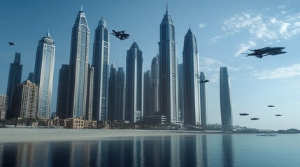 Coastal skyline filled with tall buildings and futuristic flying vehicles