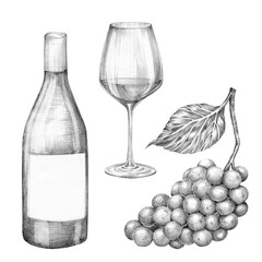 Set of wine bottle, glass and bunch of grapes. Hand drawn with pencil without background. Graphic drawing. For food, packaging and cosmetics