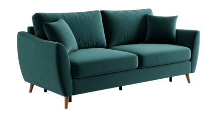 3d illustration of teal velvet sofa with plush cushions and midcentury legs isolated on transparent background