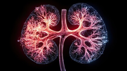 Abstract kidney glowing like tree, medical illustration, organ health, anatomy design, digital art, urology theme