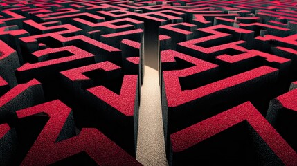 Abstract maze with red pathways, creative puzzle art, complex route design, challenge concept, modern graphic scene