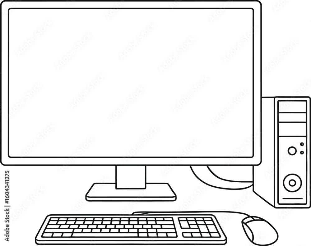 Aufkleber simple line drawing of a desktop computer with monitor keyboard and mouse