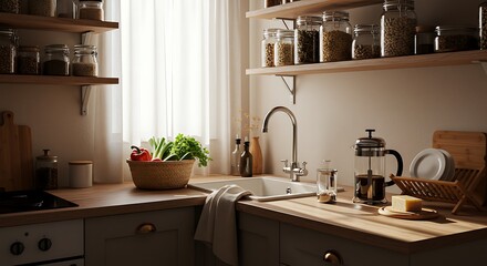 Cozy Kitchen Interior with Natural Light and Organic Food Ingredients on Wooden Countertop