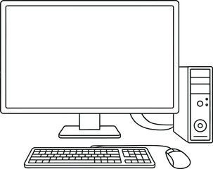 Fototapeta premium Simple line drawing of a desktop computer with monitor keyboard and mouse