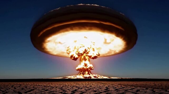 Apocalyptic Nuclear Explosion with Massive Mushroom Cloud over Cracked Desert Landscape