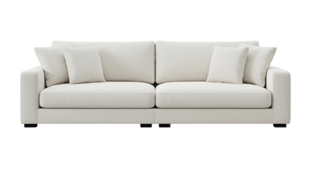 3d illustration of plush white sofa with cushions and throw pillows isolated on transparent background