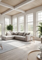 Fototapeta premium Minimalist, scandinavian home interior hall design of modern living room with oversized white sectional sofa in spacious room with large windows. 