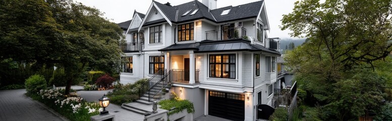 A large house with many windows is surrounded by trees and bushes