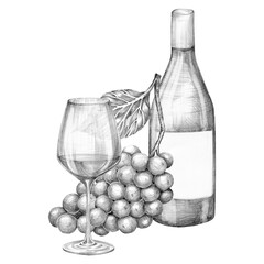 Composition of a bottle of wine, a glass and a bunch of grapes. Hand drawn with a pencil without a background. Graphic drawing. For food, packaging and cosmetics