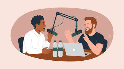 Two podcast hosts recording episode in studio—dynamic conversation, microphones on arms, laptop and water bottles on table, casual vibe