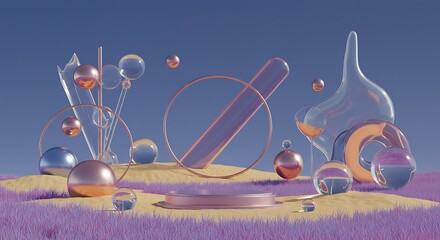 Fototapeta premium 3d render of surreal landscape with colored grass and sand. Podium, display on the background of abstract glass shapes and objects