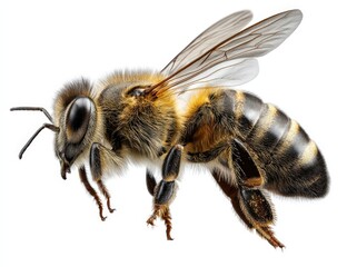 Here we have a detailed close up of a bee captured against a white background
