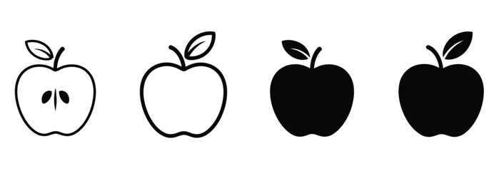 Vector art of apple icon evolution from detailed outline to solid silhouette on white background