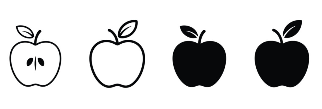 Vector art of apple icon evolution from detailed outline to solid silhouette on white background