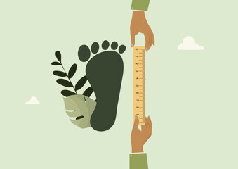 Eco Footprint Measurement. Hands measuring green footprint symbolizing environmental impact reduction and sustainable growth for carbon offset initiatives. Flat style. Vector illustration
