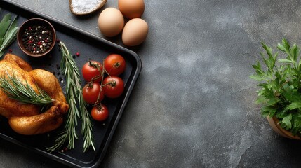 Whole raw chicken on a black baking sheet with herbs and spices ready for cooking on a grey concrete background