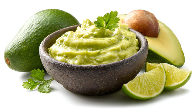 Delicious guacamole in a bowl with avocados and lime wedges fresh herbs