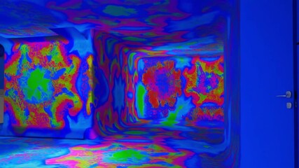 Psychedelic colorful shifting textures inside a cubic room with optical illusions and distorted light
concept of altered perception and digital hallucination
