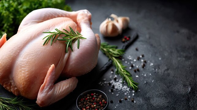 Whole raw chicken on a black baking sheet with herbs and spices ready for cooking on a grey concrete background