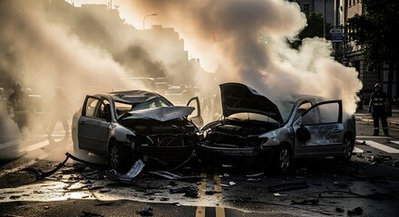 Damaged vehicles on a city street after an incident.