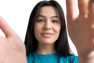 Portrait of attractive young woman wants to hug you, isolated on grey background.