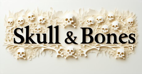 Intricate skull, bones design. Text reads Skull Bones. Creamy background, detailed papercraft aesthetic. Dramatic, spooky imagery.
