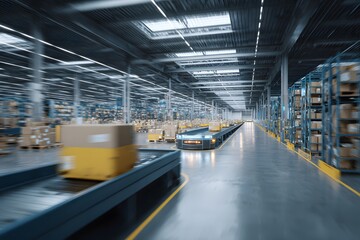 Automated warehouse with autonomous mobile robots and conveyor belts for e-commerce logistics
