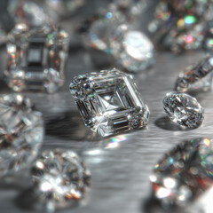 Extreme Closeup of Diamonds in Jewelry Display Case with Studio Lighting and Depth of Field