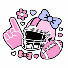 Cute Pink Football Helmet with Bows and Hearts Cartoon Illustration