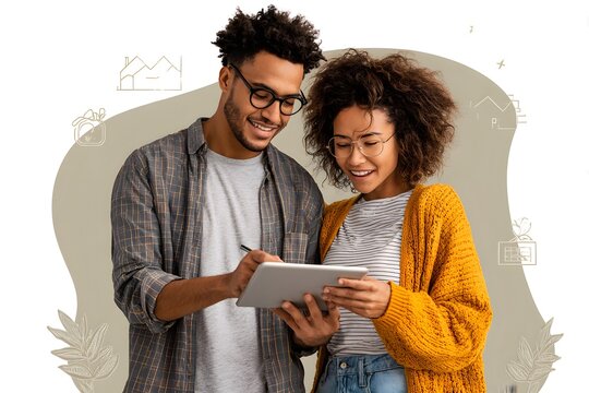 Happy young diverse couple planning their future and finances together on a digital tablet
- Powered by Adobe