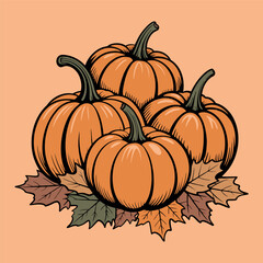 Pumpkins with Autumn Leaves Illustration