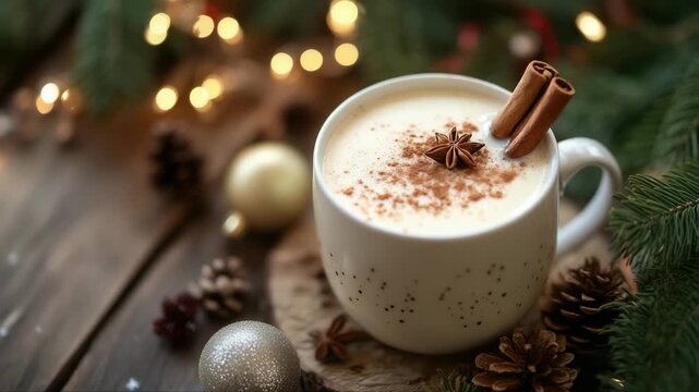 Warm eggnog drink in white mug topped with cinnamon and star anise. Christmas ornaments, pinecones, and lights create cozy holiday mood. Winter beverage.