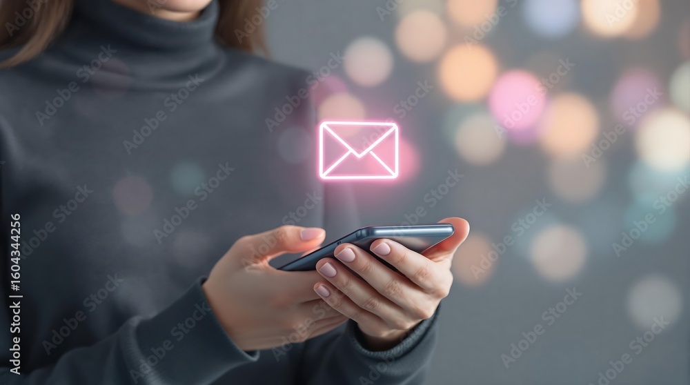 Poster woman holding phone with email icon hovering above against a bokeh background in a studio setting
