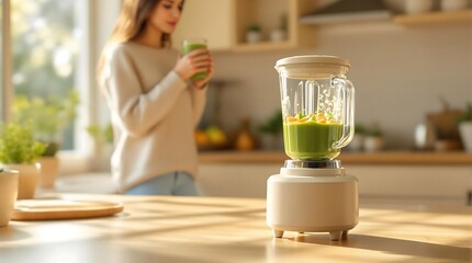 Woman drinking smoothie with blender filled with green smoothie on kitchen counter in soft light