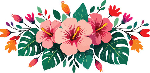Tropical floral arrangement with pink hibiscus and green leaves style vector illustration EPS file download	