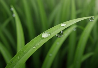 Close up macro view of fresh green grass blades with sparkling morning dew drops