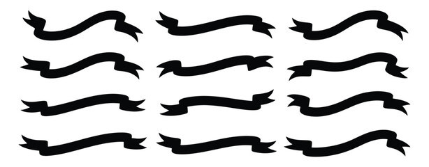 Vector art of a collection of twelve black banner silhouettes in various shapes and sizes on a white background