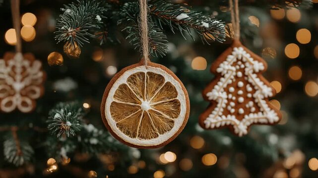 Close-up of Christmas tree decorated with gingerbread cookie and dried orange slice ornaments. Warm bokeh lights in background. Natural holiday decor.